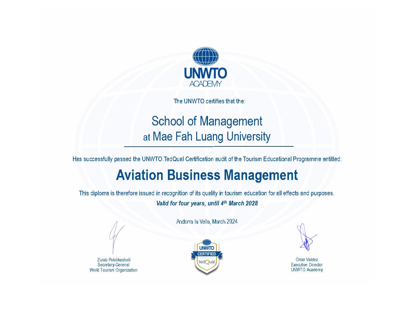 Mae Fah Luang University's School of Management Achieves UNWTO.TedQual Certification