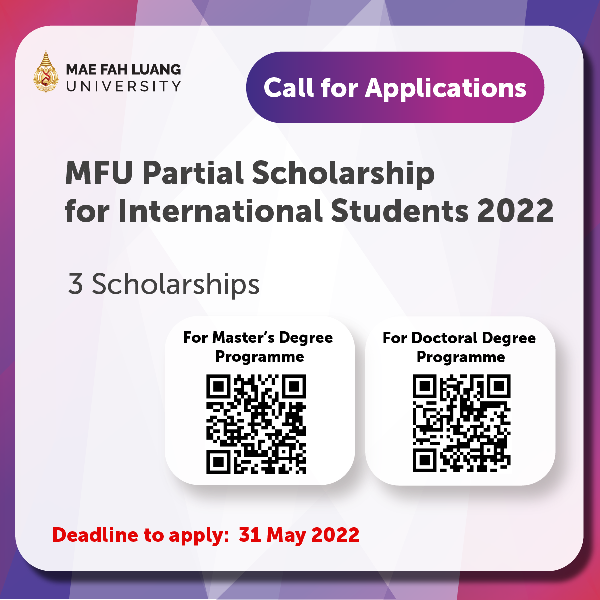MFU Partial Scholarship for International Students 2022