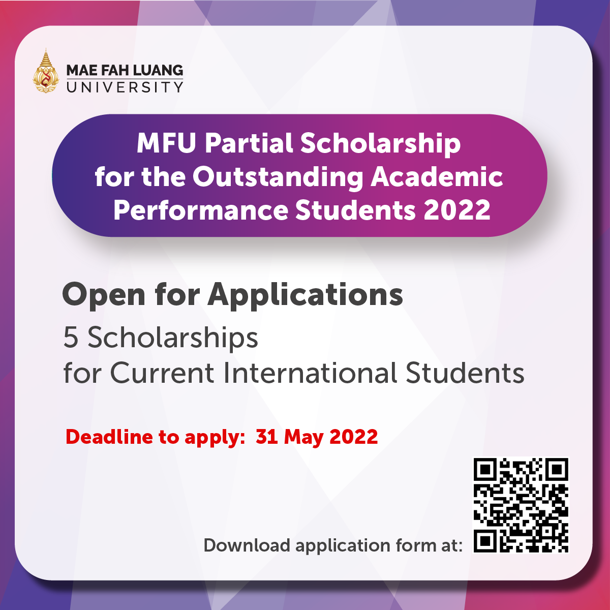MFU Partial Scholarship for the Outstanding Academic Performance Students 2022