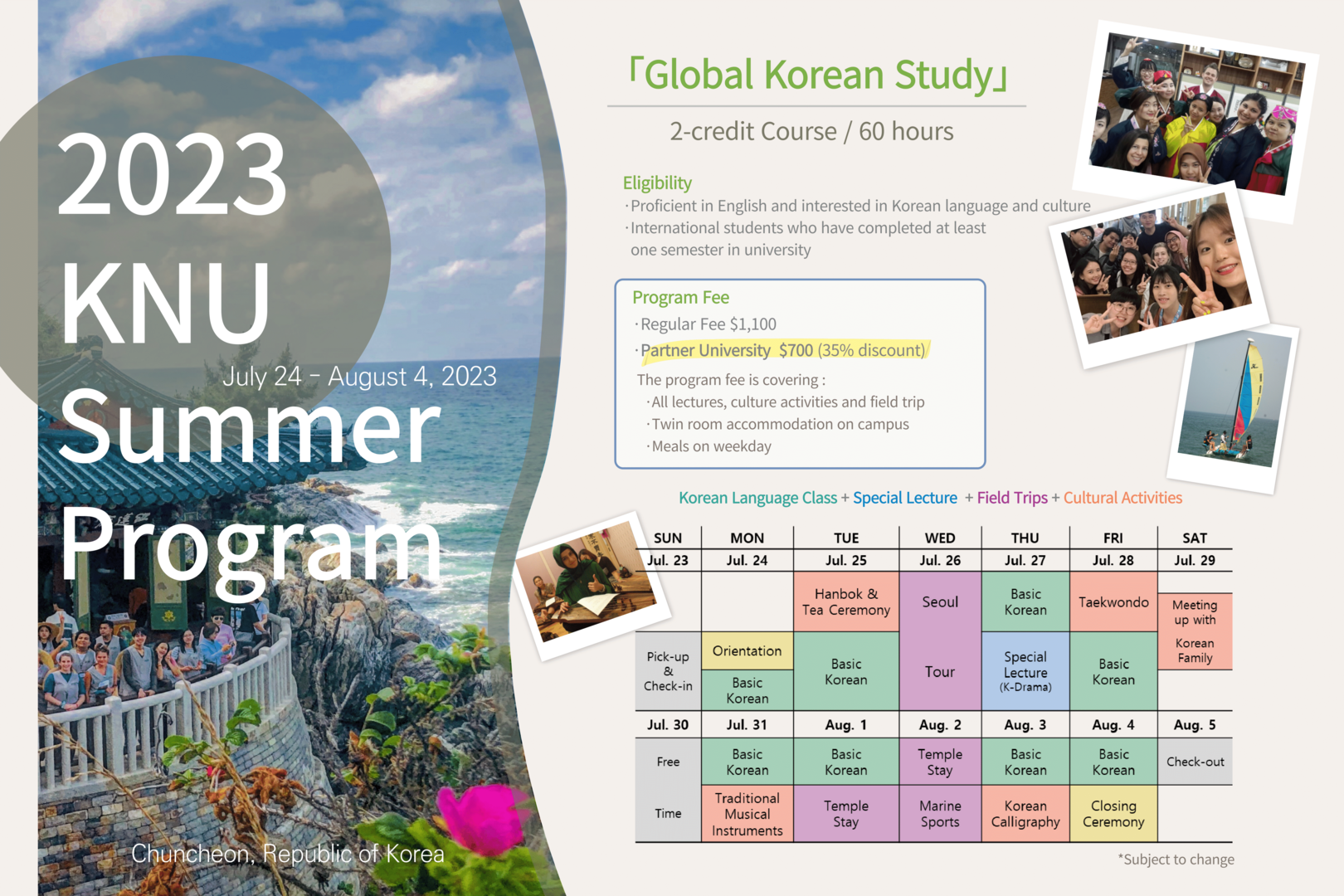 CALL FOR APPLICATION: Student Exchange Programme “2023 KNU Summer Programme” at Kangwon National University, Korea