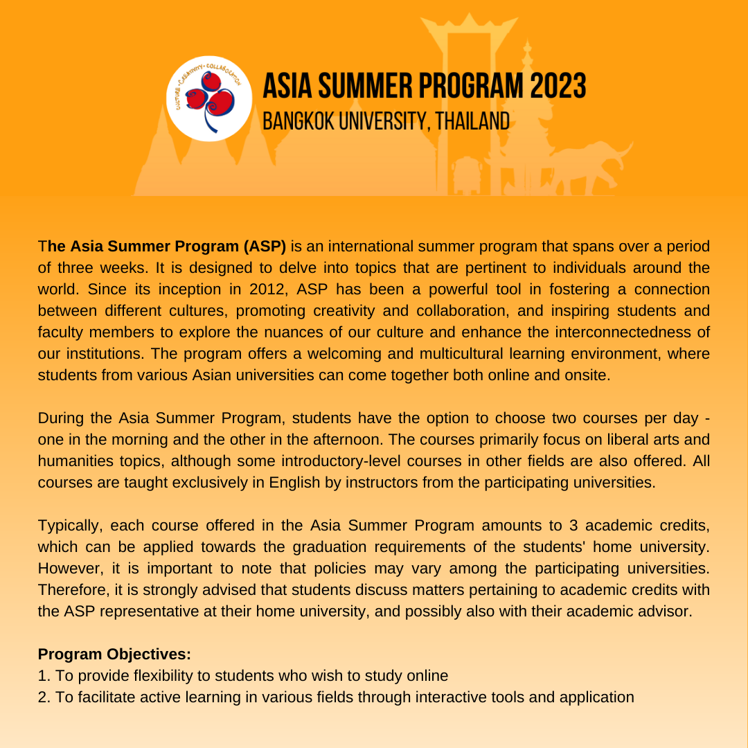CALL FOR APPLICATION: Asia Summer Programme 2023 at Bangkok University, Thailand