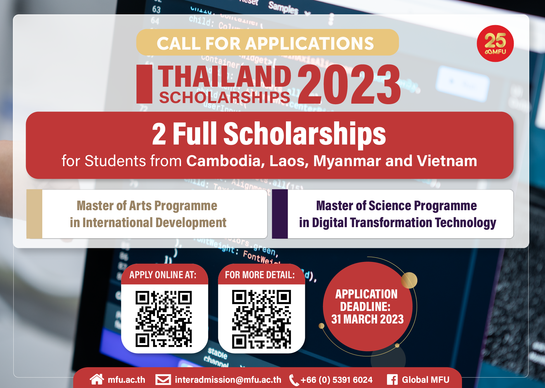 Call for Applications: Thailand Scholarships 2023 for Cambodia/Laos/Myanmar/Vietnam