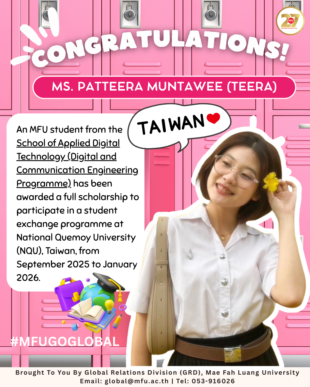 MFU Student Awarded Full Scholarship for Student Exchange Programme in Taiwan