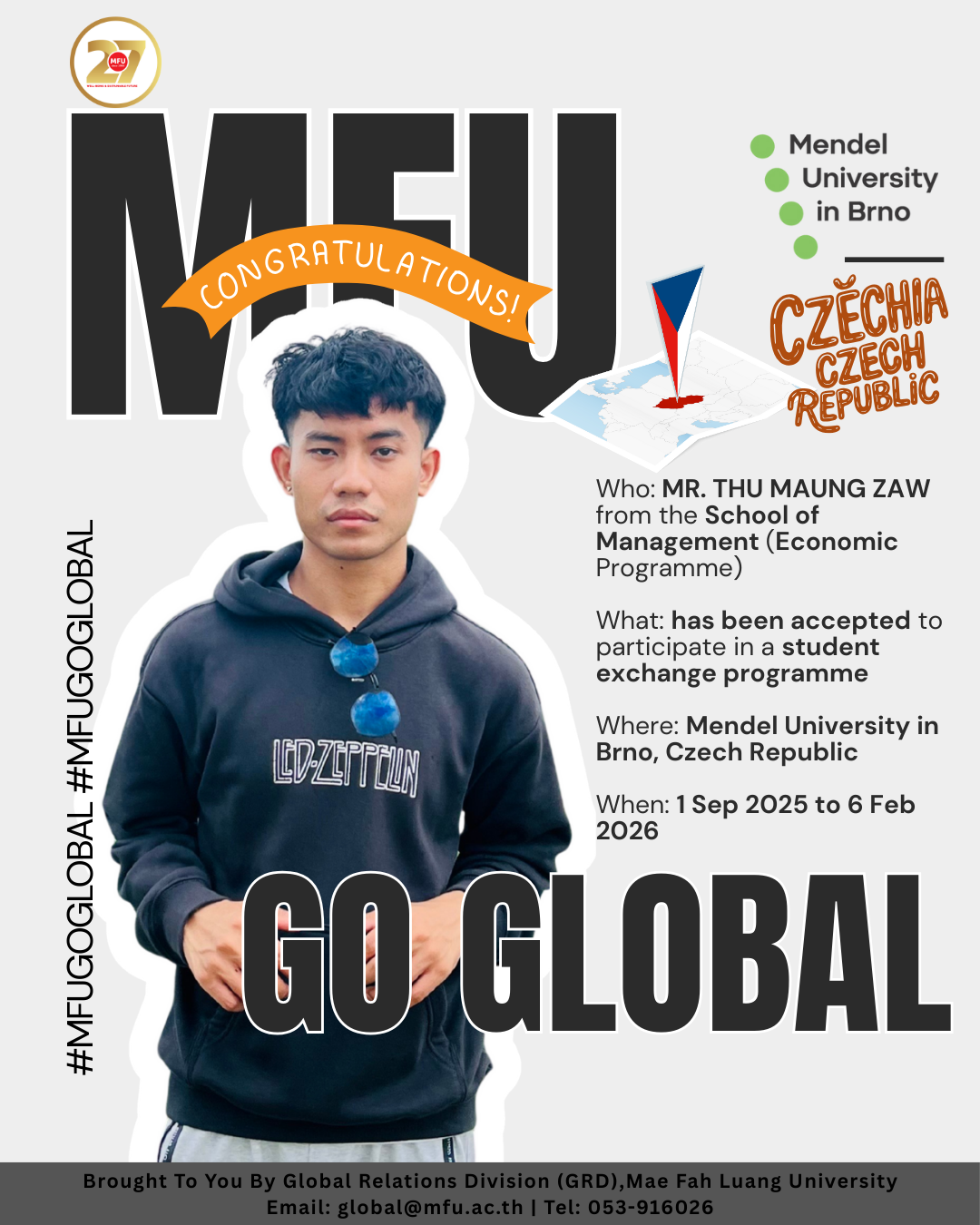 MFU Student Selected for Exchange at Mendel University in Brno, Czech Republic