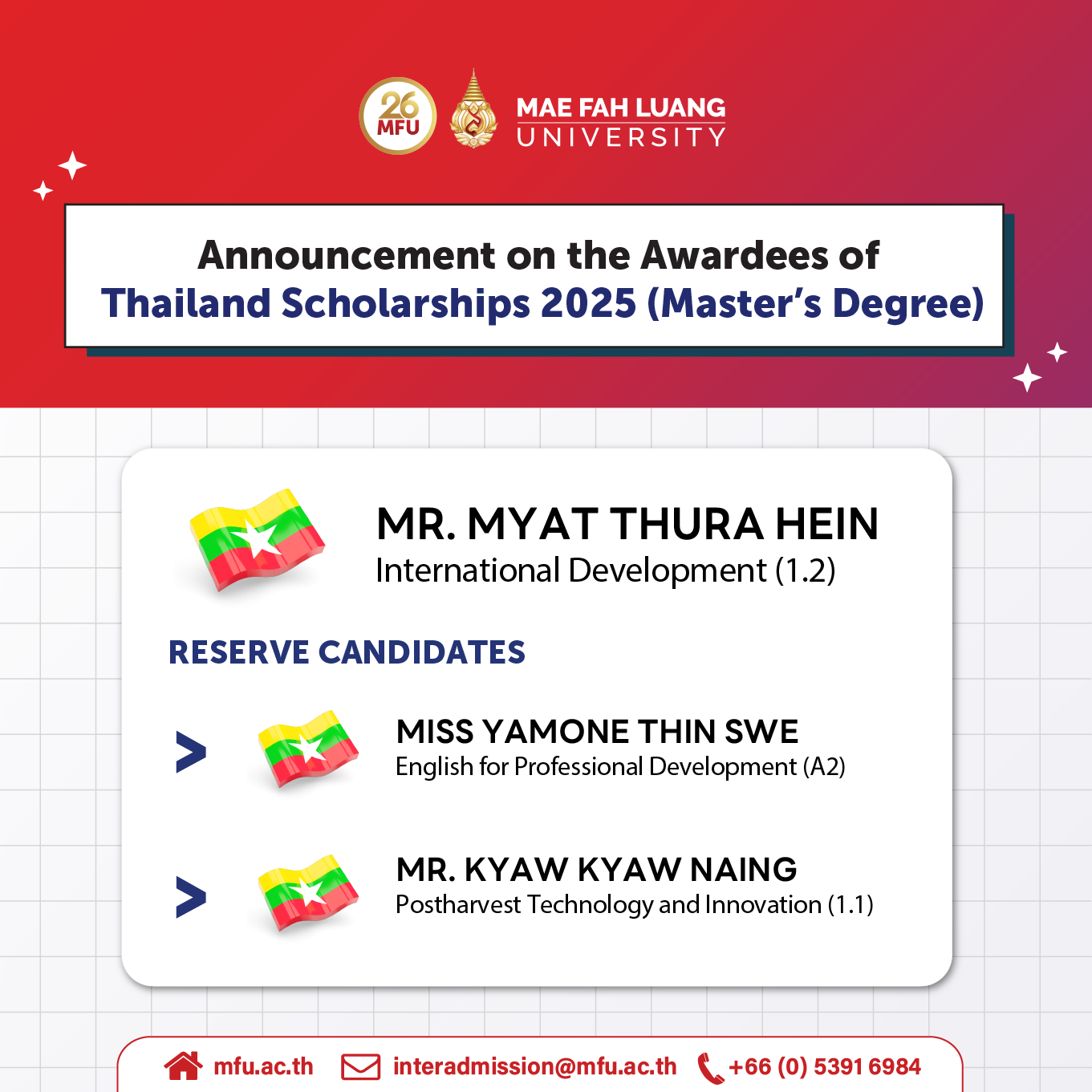 Announcement on the Awardees of Thailand Scholarships 2025 (Master's Degree)