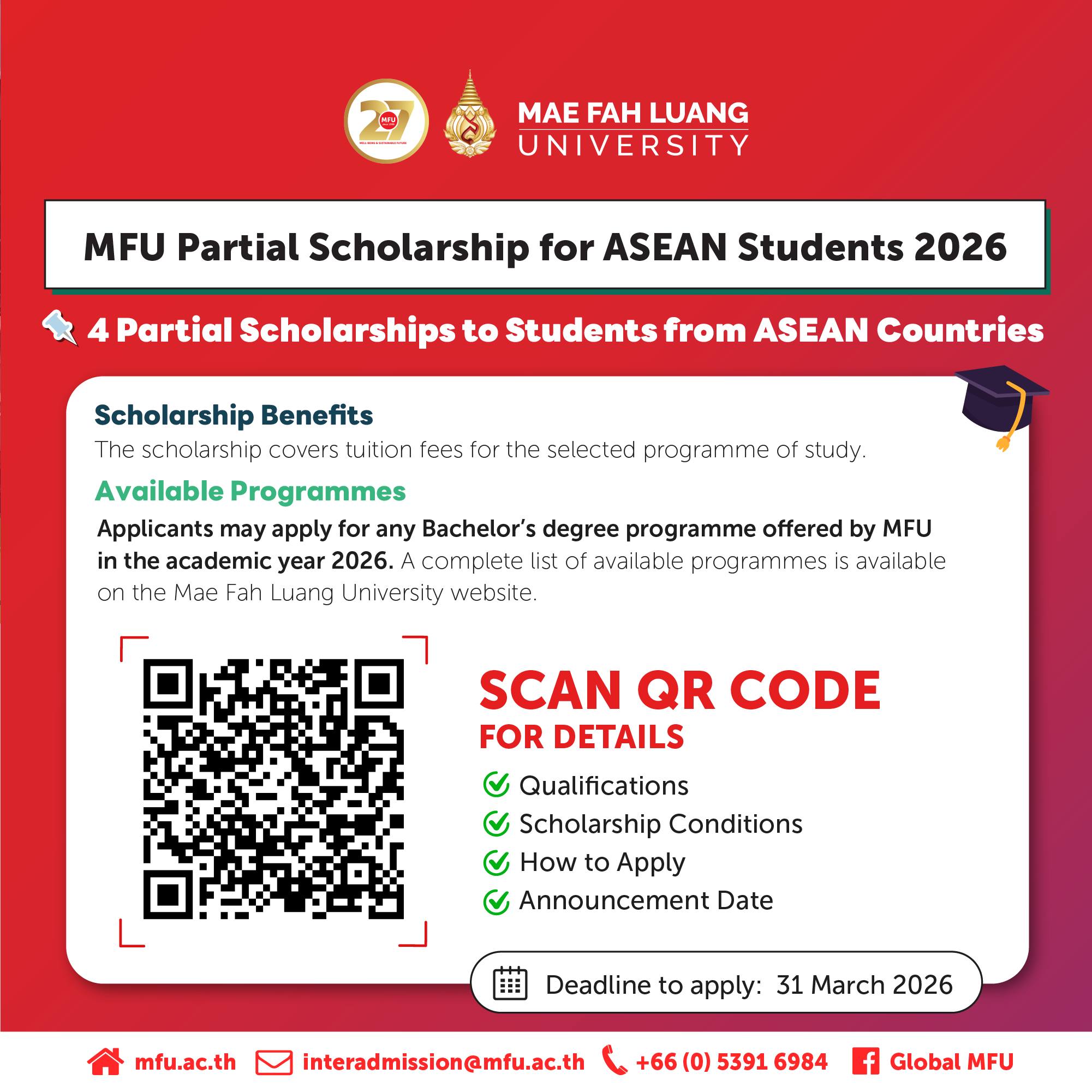 MFU Partial Scholarships for ASEAN Students 2026