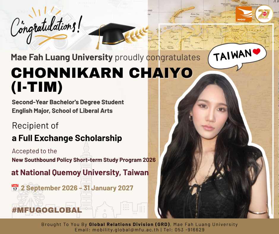 MFU Student Awarded a Full Exchange Scholarship to National Quemoy University, Taiwan