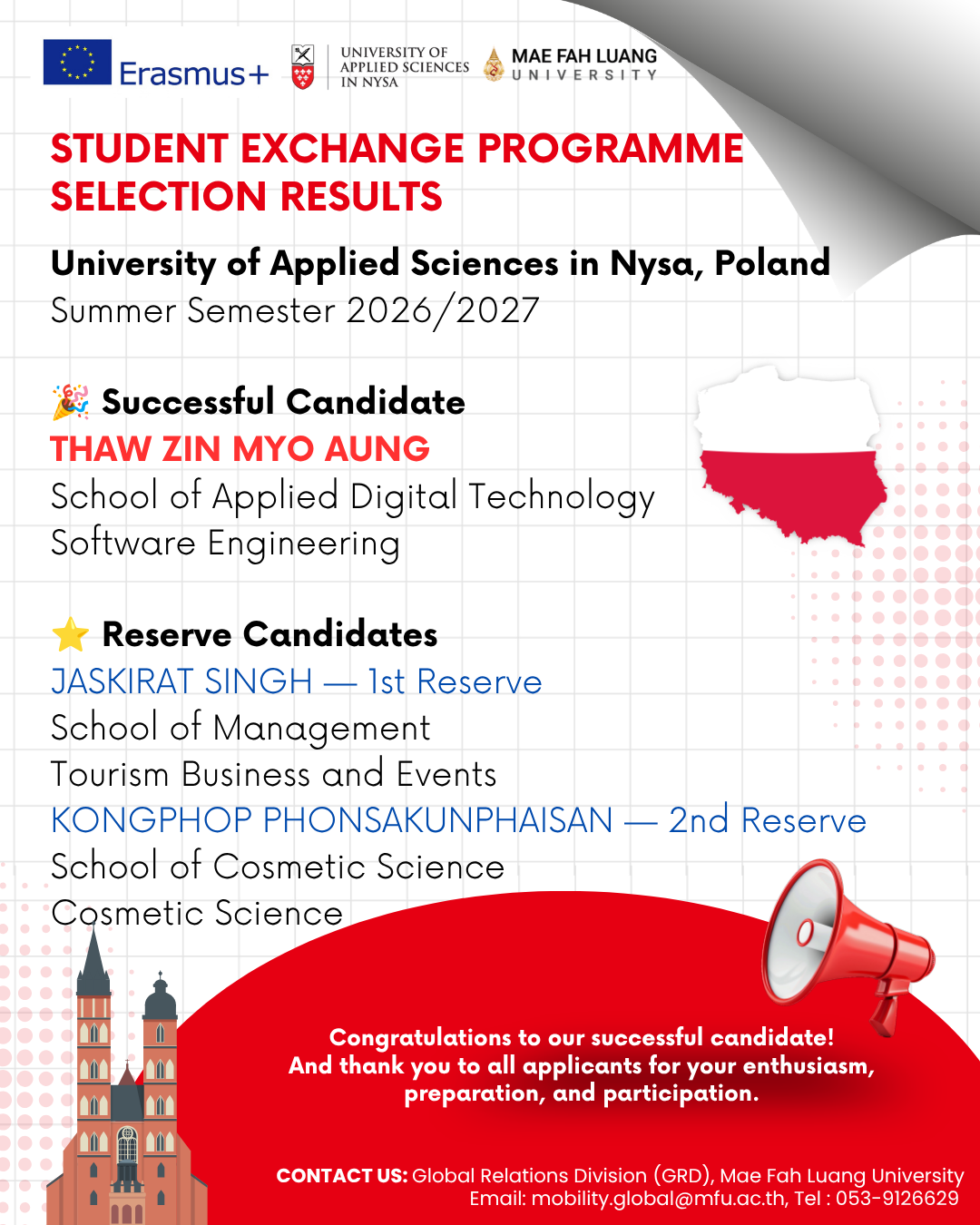 MFU Announces Selection Results for Erasmus+ Student Exchange Programme at PANS Nysa, Poland