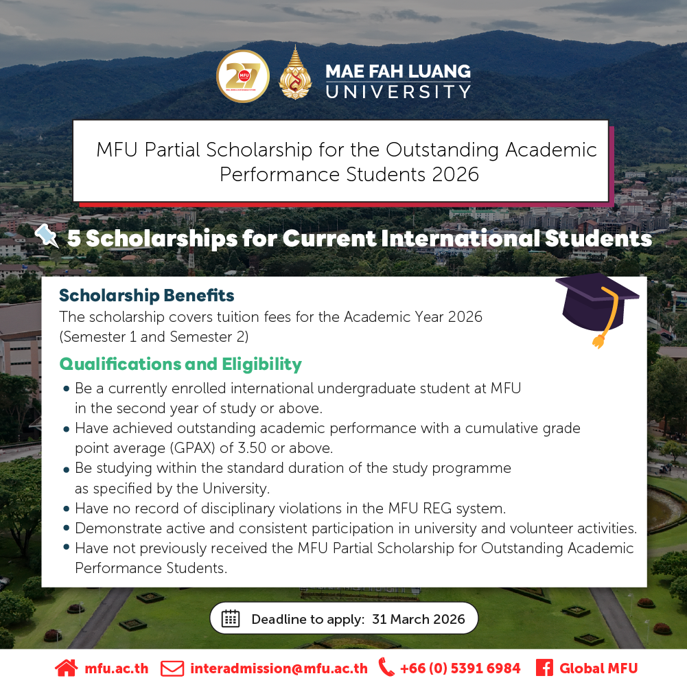 MFU Partial Scholarship for the Outstanding Academic Performance Students 2026