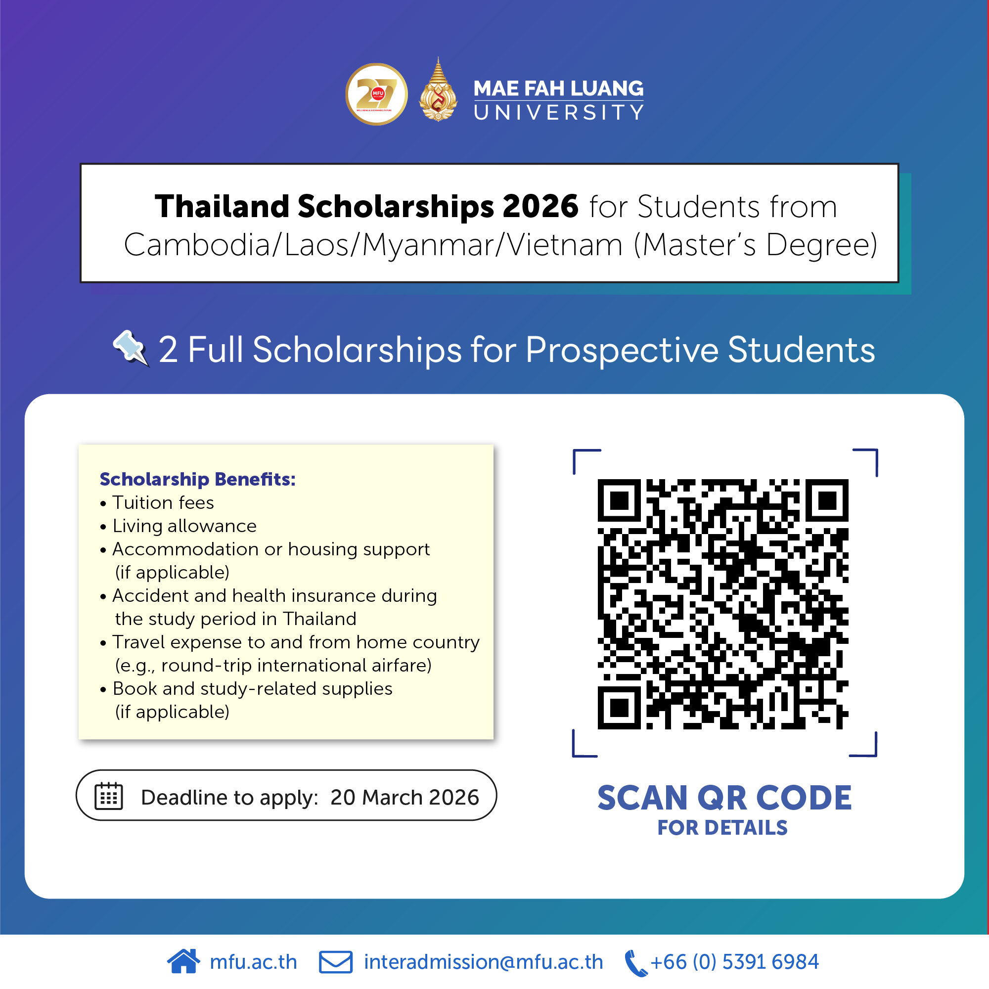 Thailand Scholarships 2026 for Students from Cambodia-Laos-Myanmar-Vietnam (Master's Degree)